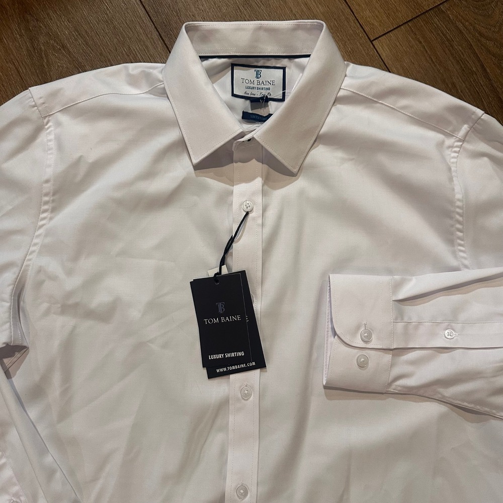 Tom Baine Mens Luxury White Trim Fit Non Iron Stretch Dress Shirt New